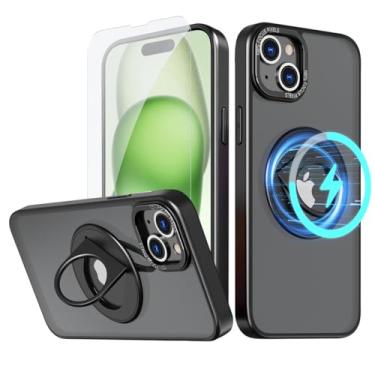 Imagem de NKECXKJ Capa de celular para iPhone 15 Plus com protetor de tela de vidro temperado Mag-Safe carregamento sem fio rotativo de 360° com suporte invisível à prova de choque capa protetora para homens