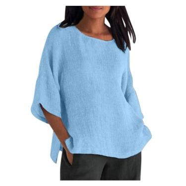 Imagem de PKDong Camiseta feminina de linho de cor sólida camisetas femininas manga 3/4 gola V camisetas de verão grandes para mulheres, Z01 Azul claro, M