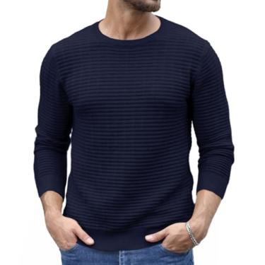 Imagem de Askdeer Suéter masculino de tricô casual gola redonda texturizado manga longa pescador pulôver suéter, A05 Azul-marinho, Small