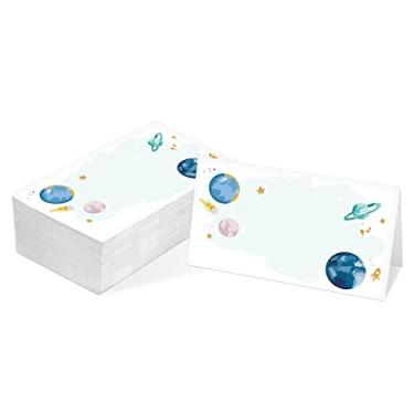 Imagem de Cartão de mesa, cartões de estilo barraca com tema espacial, pacote com 25 cartões de recepção semi-dobrados, decoração de aniversário de astronauta, perfeito para chá de bebê, festa de aniversário de