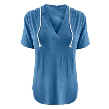 Imagem de Camiseta feminina plus size verão gola V esportiva solta com capuz manga curta túnica longa, Azul, GG