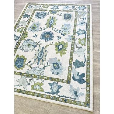 Imagem de Fame Living Tapete Oushak verde, moderno, vintage, turco, eclético, floral, pastel, lavável, tapetes de área para sala de estar, jantar, quarto, escritório, entrada, hall de entrada, sala de jogos