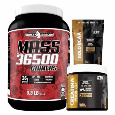 Imagem de Kit Hipercalorico Mass 36500 Pote 1,5Kg Com Whey Protein Isolado e Concentrado + Creatina Monohidratada Pote 300g Carboidratos + Bcaa Gold Refil 100g Super Pump 10:1:1 (1,5Kg, Mousse de Morango)