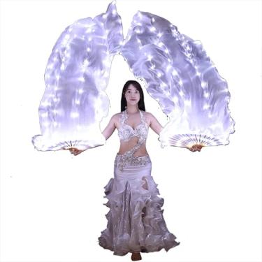 Imagem de Myohyinwon Leque de seda de dança do ventre LED - véu de leque colorido iluminado para mulheres para adoração e louvor dança, Branco, P