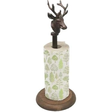 Imagem de Suporte de toalha de papel Suporte de papel de rolo de madeira maciça de mesa, Rack de armazenamento de papel absorvente de óleo de cozinha, Envoltório de plástico Cabeça de cervo Suporte de