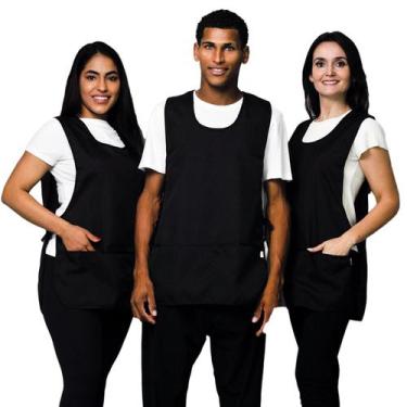 Imagem de Avental Bata Oxford Com 2 Bolsos LojaLoja Liso Preto Frente e Costa