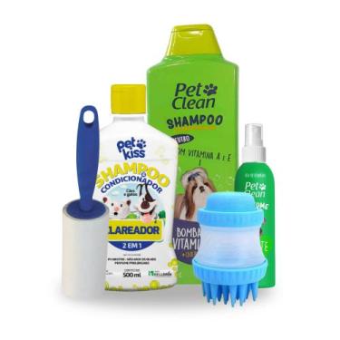 Imagem de Kit Escova de Banho Pet + Rolo Tira Pelos + Shampoo Vitaminas 700ml + 