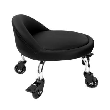 Imagem de Banco de rodinhas com encosto IMMER LIEBEN assento baixo com rodas silenciosas grandes banco de rolo macio e impermeável para escritório em casa, garagem, biblioteca, loja do dia a dia, preto