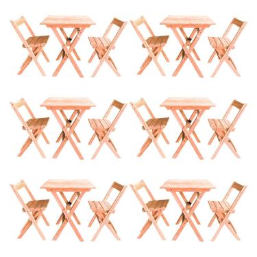 Imagem de Kit 6 Conjuntos Mesa Dobrável Para Bar E Restaurante 60x60cm Com 2 Cadeiras Em Madeira Maciça - Cru