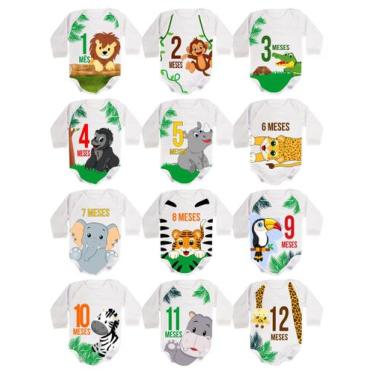 Imagem de Kit Body Bebê Mês Aniversário Manga Longa Safari Selva 12 Bodies 1 a 1