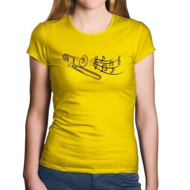 Imagem de Baby Look Algodão Trombone Notas Musicais - Foca na Moda, Amarelo, GGG