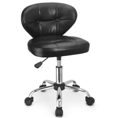 Imagem de JOSTZHXIN Cadeira de Couro PU com Encosto Acolchoado Ergonômico, Banco de Rodinhas para Escritório em Casa, Giratória Ajustável em Altura, Preta