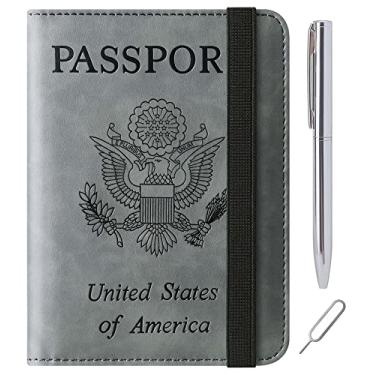 Imagem de Capa carteira para passaporte, essenciais de viagem, itens essenciais, porta-cartões de viagem e passaporte e vacina, combo carteira de viagem de couro, bloqueio de RFID, acessórios de viagem para homens e mulheres, Nº 116, cinza, Atualizado