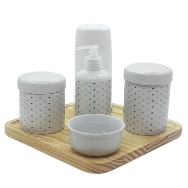 Imagem de Kit higiene Poá 6 pçs - Molh. Branca - Porcelana e Bdj Pinus