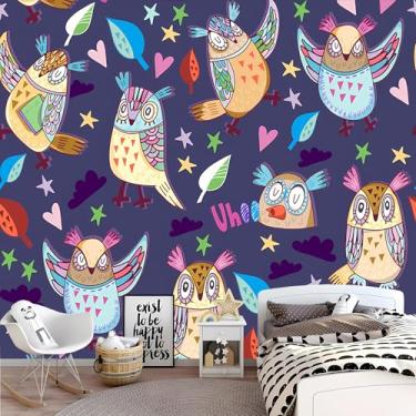 Imagem de Lcythiazole Mural de papel de parede de coruja de tamanho personalizável, coruja colorida pintada à mão, papel de parede de desenho animado grande para quarto infantil, sala de estar, quarto, sala de
