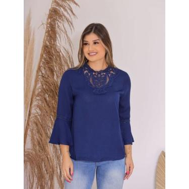 Imagem de Blusa Crepe Feminina Manga Longa 3/4 com Gola Rendada e Manga Sino Cas
