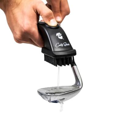 Imagem de Caddy Splash Escova profissional para taco de golfe com água (preto) - Clipe retrátil resistente - Botão de pressão para facilitar a limpeza com cerdas de nylon - Comporta 113 g de água - Acessórios