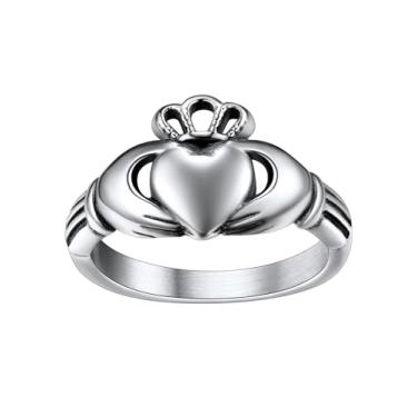 Imagem de FaithHeart Anéis Claddagh para o amor, aço inoxidável/18K banhado a ouro feminino masculino aliança de casamento personalizada, Aço Inoxidável, Zircônia cúbica
