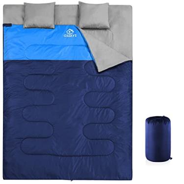 Imagem de oaskys Saco de dormir duplo para adultos com 2 travesseiros – Saco de dormir impermeável Queen Size XL para todas as estações, acampamento, caminhada, mochilão, sacos de dormir para 2 pessoas para