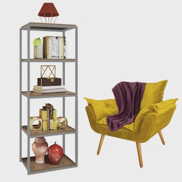 Imagem de Kit Poltrona Fatte com Manta Soft Bordô e Estante Livreiro Ferro Prata mdf Caramelo Suede Amarelo - Ahz Móveis
