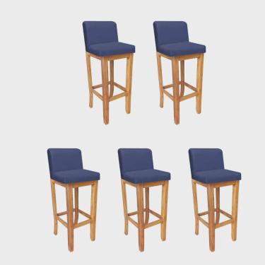 Imagem de Kit 05 Banqueta Alta Com Encosto Aila Balcão Bistrô Base Madeira Maciça Corino Azul Marinho - Ahz Móveis