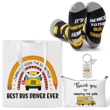 Imagem de Y1tvei School Bus Driver Gifts - 5Pcs Thank You for Helping Me Safe Canvas Bag The Best Bus Driver Ever Makeup Bag Cotton Socks Alloy Keychains Black Box, Thank You Present for Women Men Appreciation