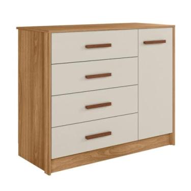 Imagem de Cômoda Infantil Branca com 4 Gavetas e 1 Porta, Puxadores em Madeira (Nature/Off White)