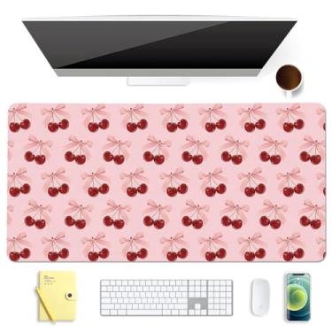 Imagem de BlHMCASE Tapete de mouse com teclado para jogos estendido rosa cereja fofo, protetor de couro antiderrapante para mesa de escritório em casa, tapete de mesa para laptop