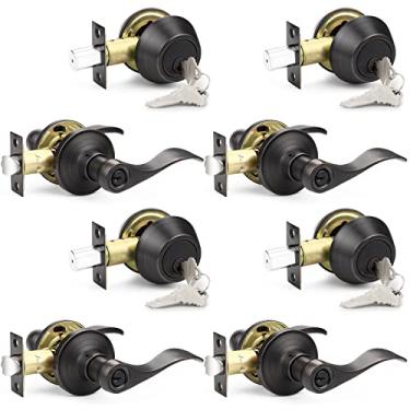 Imagem de Probrico Pacote com 4 maçanetas de porta de entrada com fechadura dupla única, fechadura externa com chave semelhante à maçaneta da porta da frente, ferragens para porta de segurança