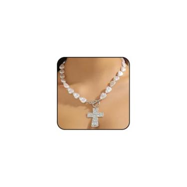 Imagem de Colar com pingente de cruz de pérola grossa para mulheres com fecho de alternância e crucifixo martelado, acessórios de joias, Large, Metal, Sem Pedra Preciosa