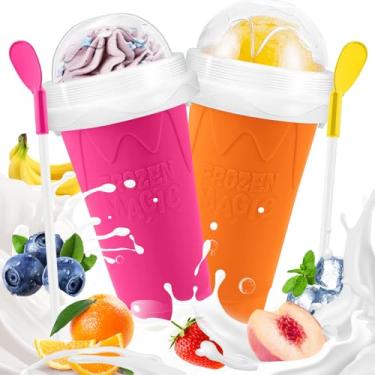 Imagem de Copo Slushie, pacote com 2 copos gelados mágicos congelados, copo reutilizável para fazer sorvete de iogurte, iogurte, faça você mesmo, copos com tampa e canudo para crianças, amigos, família (rosa +