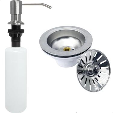Imagem de Dona D Cor, Kit Porta Detergente 350ml Escovado e Valvula Americana 3 ½ para Cozinha Inox Dispenser Dosador de Embutir Inox Fosco Sabonete Líquido e Ralo de Pia Kit 2 Peças