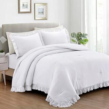 Imagem de Bonlino Jogo de cama King - Conjunto de edredom com 3 peças, casa de fazenda, com babados, boêmio, edredom e 2 fronhas com babados (king, branco)