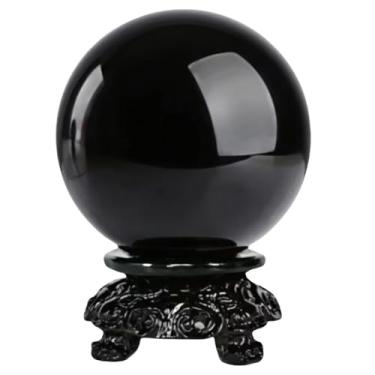 Imagem de JBNCRYGD Bola de cristal de esfera obsidiana com suporte de resina, pedra de aterramento preta natural para, cristal, bola decorativa, adivinhação do olhar, Feng Shui, Fortuna, 10 cm