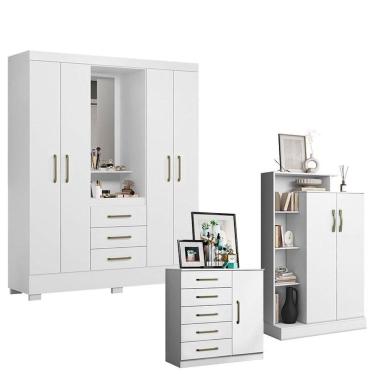 Imagem de Guarda Roupa Solteiro Paris 2045150 com Armário Multiuso Florença 2000199 e Cômoda Sapateira Milão 2014145 Branco - Aramóveis
