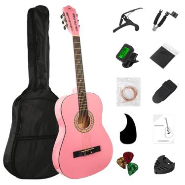 Imagem de BESYOU Kit básico para iniciantes para guitarra acústica de 96,5 cm, bolsa para capo, cordas enroladoras, palhetas de alunos/crianças, com bolsa de shows rosa