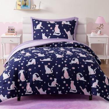 Imagem de Kaleido Space Conjunto de edredom solteiro para meninas, crianças, 5 peças, com estampa de gato fofo, para meninas e adolescentes, cama macia e aconchegante em uma bolsa com lençol