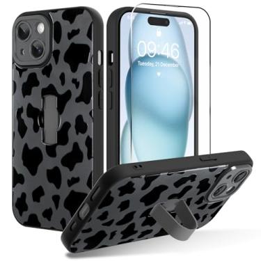 Imagem de OOK Capa para iPhone 15 com protetor de tela, linda estampa de vaca com alça de dedo ajustável, proteção total para mulheres e homens, capa de telefone - preta