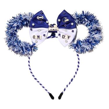 Imagem de PHALIN Faixa de cabeça de dia de jogo, acessórios para mulheres, meninas, azul, branco, futebol, laço, rato, orelha, acessórios de cabelo, esportes, lembrancinhas de festa, presentes (azul e branco)