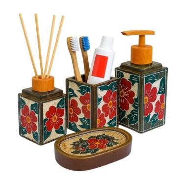 Imagem de Kit Banheiro 4 Pçs Pedra Sabão Saboneteira Dispenser Artesanal - Ô Bic
