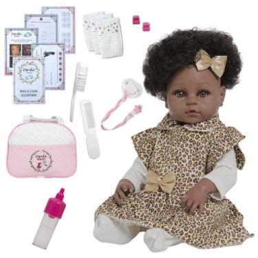 Imagem de Bebe Reborn Menina Negra Cabelo Cacheado Bolsa 20 Itens - Cegonha Rebo