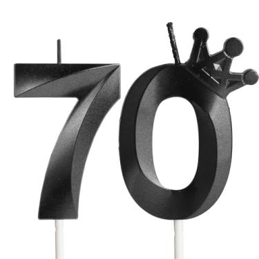 Imagem de Velas de aniversário de 70 anos para bolo, número 70 velas pretas com coroa, design 3D, enfeite de bolo de aniversário para mulheres, homens, festas de aniversário, casamento, celebração, suprimentos