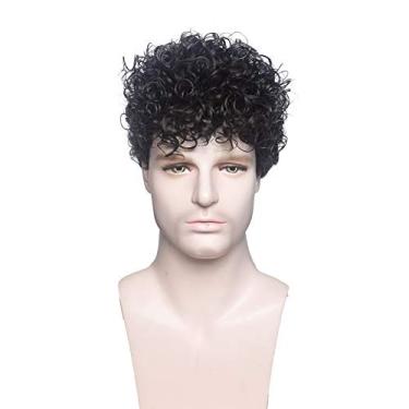 Imagem de MEIRIYFA Peruca masculina curta encaracolada preta, peruca afro rocker festa Halloween fantasia cosplay peruca (preto)