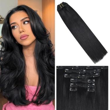 Imagem de WindTouch Extensões de cabelo com clipe de 85 g de cabelo humano real - 7 peças de 45,7 cm preto natural mais grosso com clipe reto