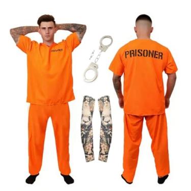 Imagem de Esiaphia Fantasia de prisioneiro laranja para homens e mulheres, fantasia de presidiário, unissex, com algemas (estilo de manga curta, GG)