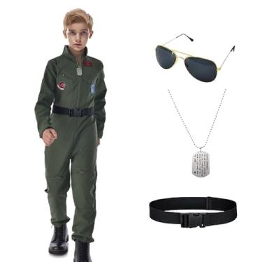 Imagem de QJWBZ Kids Fighter Pilot Costume: Boys Air Force Army Aviator Suit Halloween Cosplay Jumpsui Includes Sunglasses Dog Tag and Belt (120)