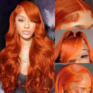 Imagem de Peruca frontal de renda gengibre - 13 x 15 HD ondulado, pré-arrancada com cabelo de bebê, densidade 180, laranja sem cola 61 cm