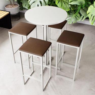 Imagem de Conjunto Mesa Alta Bar Bistrô Redonda Branca 4 Bancos Estofado Industr