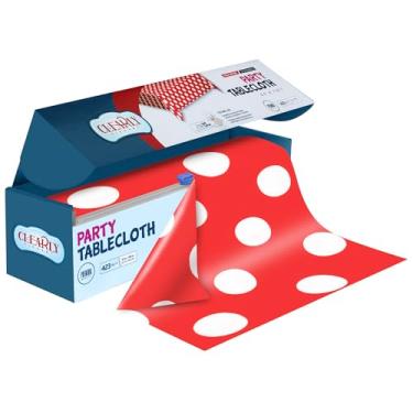 Imagem de Clearly Rolo de toalha de mesa de plástico vermelho de bolinhas com cortador, 423 pés quadrados (132 x 2,999 cm), toalha de mesa descartável extra grande para piquenique, toalha de mesa de plástico