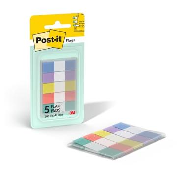 Imagem de Post-it Bandeiras, 1,2 cm x 4,3 cm, um dispensador com cinco abas adesivas de 20 unidades em cores pastel sortidas (total de 100 bandeiras)